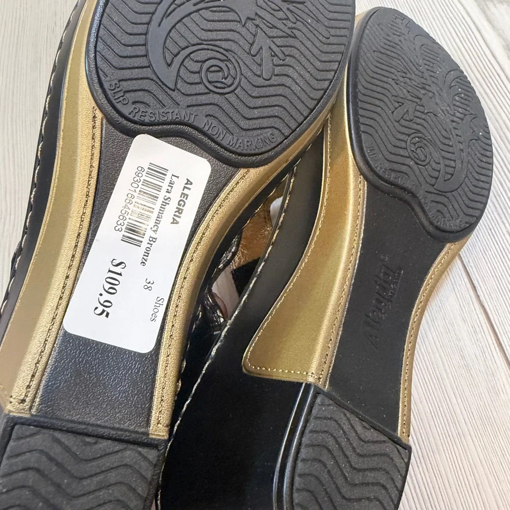 Alegria Lara Shmancy Bronze Metallic Leather Wedge Sandals 38 US 8-8.5 NEW